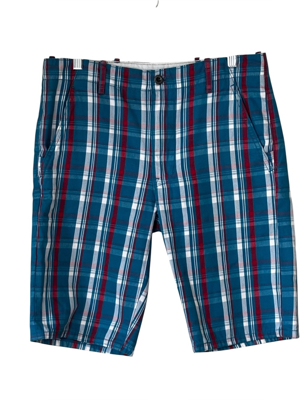 Levi Strauss red, white and teal 4 pocket plaid flat front shorts. Men’s 31
